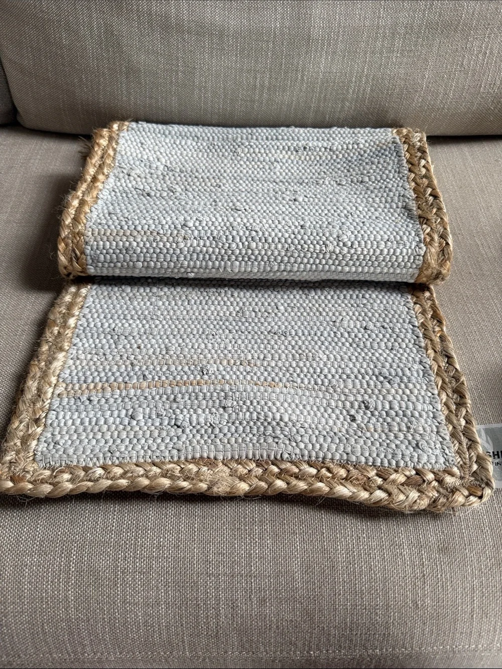 Neutral Woven Jute-Trim table runner- Light blue & Natural